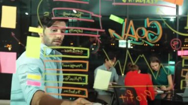 Cam duvarda istatistiksel mali grafiği olan pazarlama stratejisini işaret eden yetenekli bir işadamı. Profesyonel iş ekibi sunumu dinlerken müdür pazarlama fikrini paylaşıyor. İzleme