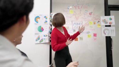 Yetenekli genç ve güzel iş kadını, yaratıcı iş toplantısında yakışıklı yönetici dinlerken zihin haritalama ve istatistiksel grafik kullanarak pazarlama fikrini kendine güvenle sunuyor. Tertemiz..