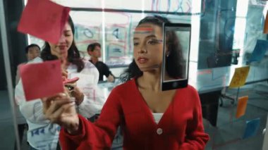 Akıllı iş adamlarından oluşan bir grup, yatırımcı uzmanına proje sunar. Profesyonel proje yöneticisi başlangıç projesini açıklamak için yapışkan notlar kullanır, uzman yatırımcıya beyin fırtınası fikirlerini paylaşır. Yönlendirici.