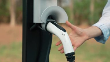 Otomobil seyahati sırasında elektrikli araba için şarj olan kadın Autumanl sezonunda doğal orman ya da milli parkta. Tatil ve tatil boyunca çevre dostu seyahat. Yükselt