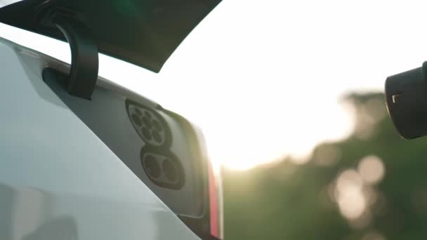 Detailní Ruční Dobíjení Baterie Pro Elektromobil Během Cesty Auto Přírodním — Stock video