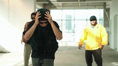 Çok kültürlü dansçılar sokak dansı yapıyor ve hip-hop müziğine geçiyorlar. Profesyonel hipster grubu gökyüzü kavgacı görünümlü bir binada serbest stil müzik eşliğinde dans ediyor. Açık hava sporu 2024 hiphop..