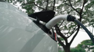 EV elektrikli araç EV şarj istasyonu ulusal park veya açık hava orman manzaralı. Çevre dostu EV arabalarla yaz ormanlarında doğal koruma. Yükselt