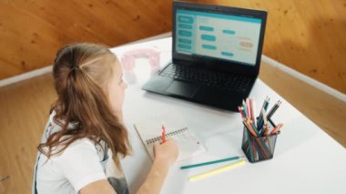 Diz üstü bilgisayar ekranı mühendislik kodlama programı ya da programlama sistemi kullanarak ev ödevi yapmayı düşünen mutlu öğrencilerin üst görünümü. Web geliştirme ve geri bildirim için plan yapan kız. Etkinlik.