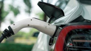 EV elektrikli araç EV şarj istasyonu ulusal park veya açık hava orman manzaralı. Çevre dostu EV arabalarla yaz ormanlarında doğal koruma. Yükselt