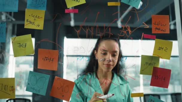 Retrato Mujer Negocios Hispana Profesional Inteligente Escribe Ideas Marketing Tablero — Vídeos de Stock