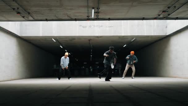 Группа Хипстеров Позирует Пока Танцующая Команда Танцует Вместе Профессиональные Танцоры — стоковое видео
