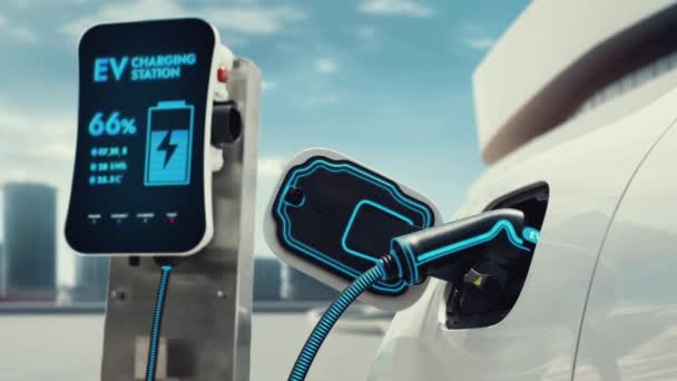 Elektromos Autó Csatlakoztassa Töltőállomással Feltölteni Intelligens Akkumulátort Előre Töltő Város — Stock videók