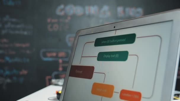 Estudante Acadêmico Inteligente Trabalhando Laptop Mostrar Tela Código Engenharia Enquanto — Vídeo de Stock