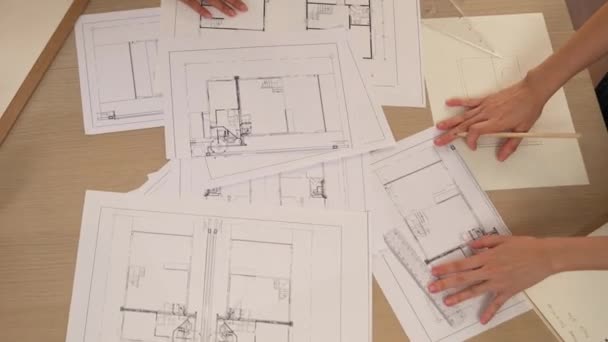 Interior Designer Drafting Blueprint Customer Supervise Oversee Interior Designer Draw — Stock Video