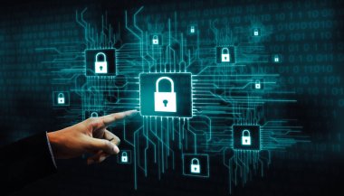 Siber Güvenlik ve Dijital Veri Koruma Konsepti. Simge grafik arayüzü çevrimiçi veri erişimi savunması için güvenli güvenlik duvarı teknolojisi olduğunu gösteriyor..