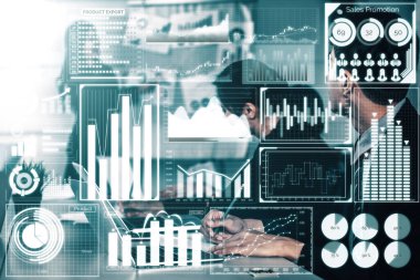 İş Mali Analitik Konsepti için Büyük Veri Teknolojisi. Modern arayüz ekranda iş satış raporları, kâr tablosu ve borsa eğilimleri analizleri hakkında muazzam bilgiler gösteriyor. uds