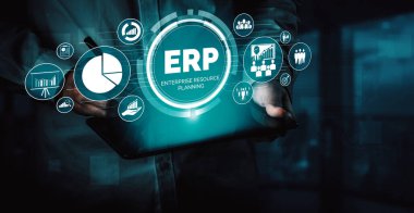 Ticari kaynaklar için Enterprise Resource Management ERP yazılım sistemi modern grafik arayüzünde sunulmuştur. Şirket kaynaklarını yönetmek için geleceğin teknolojisini göstermektedir. uds