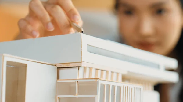 Detailní Obraz Zkušeného Inženýra Architekta Jak Ukazuje Model Domu Pro — Stock fotografie