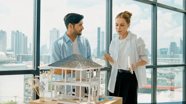 Skilled Architect Engineer Team Discussion House Model Construction Smart Interior — Stock Photo, Image