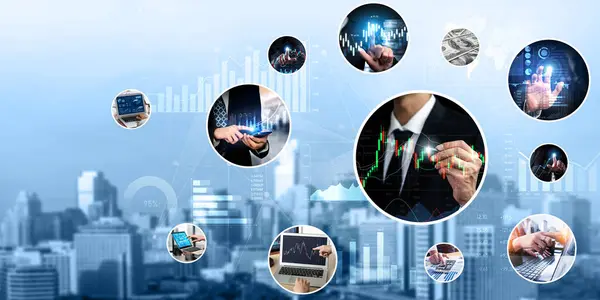 未来商业数字金融数据技术概念对未来大数据分析和商业智能研究的影响 商人分析者投资决策的全景横幅库 — 图库照片