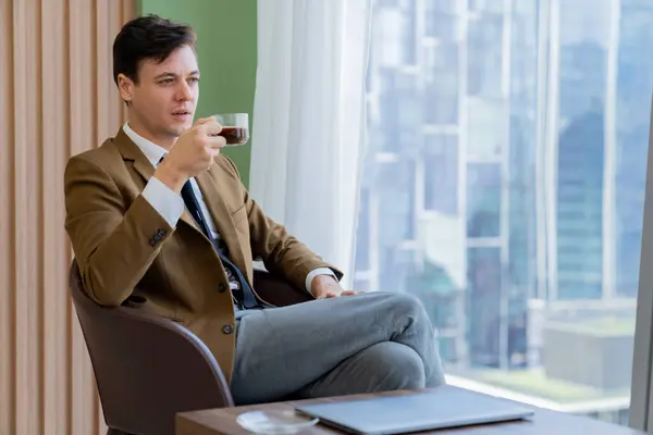 Smart Caucasian Businessman Holding Coffee Cup While Looking Skyscraper View — Stock Photo, Image