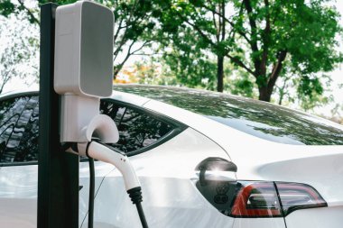 EV elektrikli araç EV şarj istasyonu ulusal park veya açık hava orman manzaralı. Çevre dostu EV arabalarla yaz ormanlarında doğal koruma. Yükselt