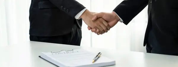 Två Företagsledare Skakar Hand Styrelserummet Tätning Avtal Sammanslagning Två Företag — Stockfoto