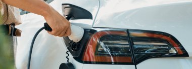 Genç adam yeşil şehir parkındaki şarj istasyonundan elektrikli araba aküsünü şarj ediyor. Sürdürülebilir çevre dostu şehir yolculuğu için şarj edilebilir EV araba. Panorama Çıkarı