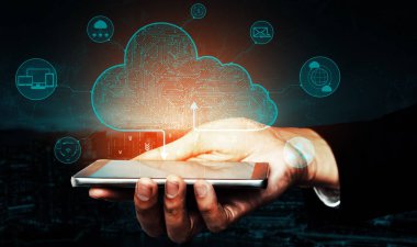 İş ağı konsepti için bulut bilgisayar teknolojisi ve çevrimiçi veri depolama. Bilgisayar, bulut veri transferi için internet sunucusuna 3 boyutlu fütüristik grafik arayüzü ile bağlanır. uds