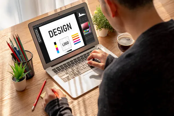 Web Sayfasının Modern Tasarımı Bilgisayar Ekranında Gösterilen Ticari Reklamlar Için — Stok fotoğraf