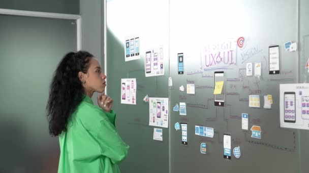 专业的年轻漂亮的女商人一边站在玻璃板前一边思考 一边用彩色的贴纸写着营销理念 项目经理的肖像 看心路图 机械手 — 图库视频影像