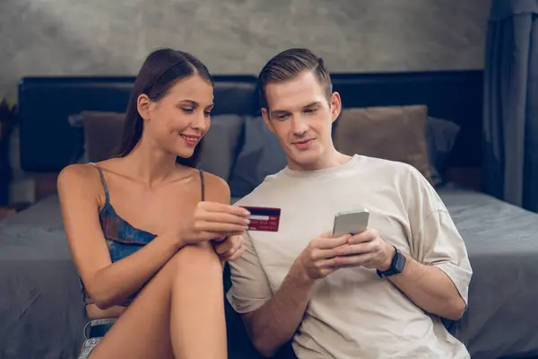 Young Couple Sit Home Bedroom Using Online Payment App Digital — Stock Photo, Image