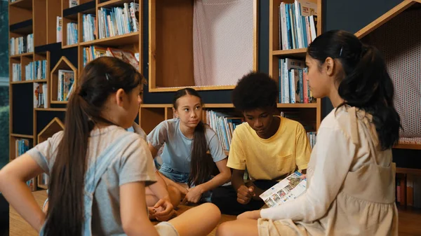 Group Diverse Children Sitting Circle While Reading Book Library Highschool — Stock Photo, Image