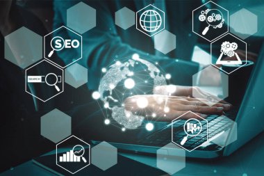 SEO - Çevrimiçi Pazarlama Konsepti için Arama Motoru Optimizasyonu. Müşteri arama ve pazar stratejisini optimize ederek anahtar kelime araştırma web sitesinin tanıtımını gösteren modern arayüz. uds