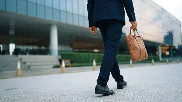 Closeup Skilled Business Man Leg Walking While Holding Bag Cropped — Stock Photo, Image