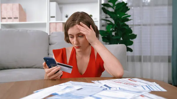 Stressed Young Woman Has Financial Problems Credit Card Debt Pay — Stock Photo, Image