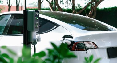 EV electric car charging in green sustainable city outdoor garden in summer. Urban sustainability lifestyle by green clean rechargeable energy of electric BEV vehicle innards clipart