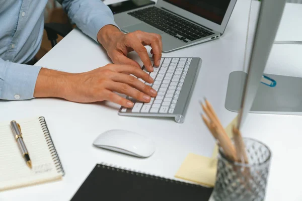 Cropped Image Hands Developer Working Online Software Information Laptop Typing — Stock Photo, Image