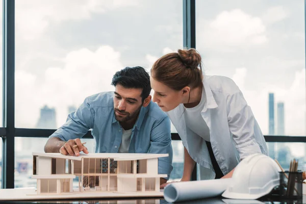 Smart Caucasian Architect Engineer Team Working Together Measure House Model — Stock Photo, Image