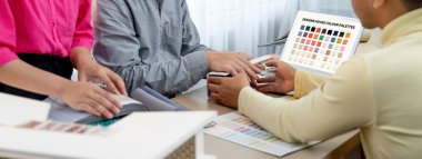 Profesyonel mimar renk seçimini dizüstü bilgisayarla sunarken, kadın iç mimar perde malzemesini seçiyor. Yaratıcı çalışma ve takım çalışması konsepti. Değiştirilmiş.