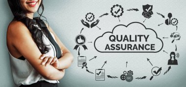 Kalite Güvencesi ve Kalite Kontrol Konsepti - Modern grafik arayüzü sertifikalı standart süreç, ürün garantisi ve müşteri memnuniyeti için kalite iyileştirme teknolojisini gösteriyor. uds