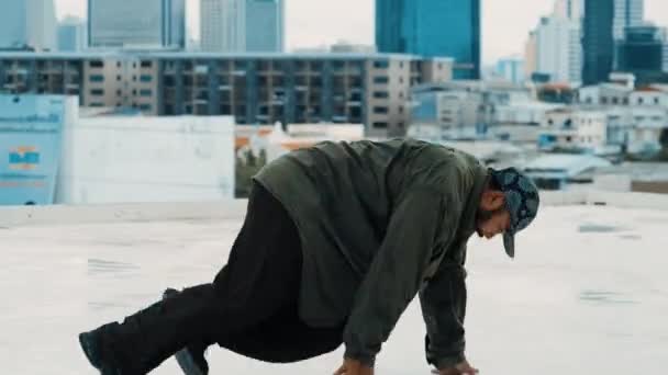 Professional Hipster Perform Break Dancing Rooftop Sky Scrapper City Sites — Stock Video