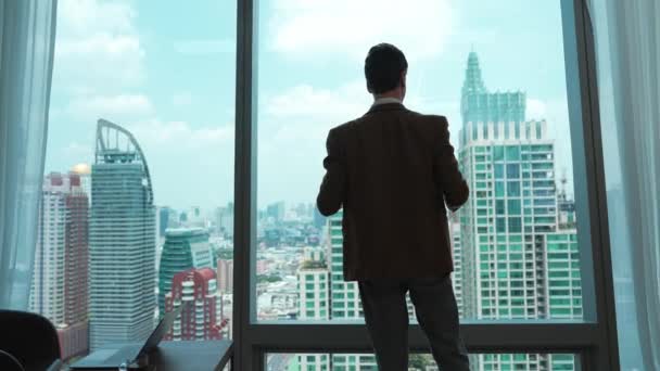 Zpětný Pohled Ambiciózní Podnikatel Stojí Ozdobné Kanceláři Dívá Okna Panorama — Stock video