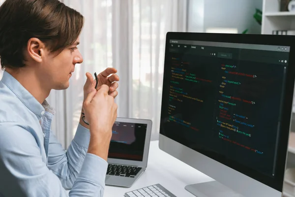 Developer Looking Online Software Development Information Align Working Laptop Coding — Stock Photo, Image