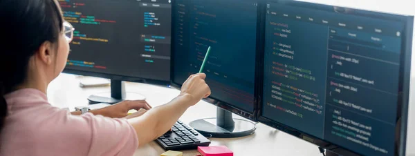 Programador Femenino Explicar Mientras Señala Código Que Muestra Ordenador Programador —  Fotos de Stock