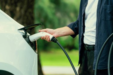 Yolculuk sırasında doğal orman ya da milli parktaki elektrikli araba için şarj olan bir adam. Tatil ve tatil boyunca çevre dostu seyahat. Yükselt