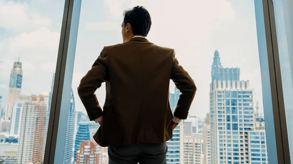 Back View Ambitious Businessman Standing Ornamented Office Gazing Out Window — Stock Photo, Image