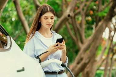 Genç bir kadın ulusal park veya sonbahar tatili gezisi sırasında EV şarj istasyonundan elektrik aküsü almak için internet üzerinden akıllı telefon bankacılık uygulaması kullanıyor. Yükselt