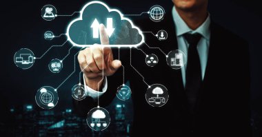 İş ağı konsepti için bulut bilgisayar teknolojisi ve çevrimiçi veri depolama. Bilgisayar, bulut veri transferi için internet sunucusuna 3 boyutlu fütüristik grafik arayüzü ile bağlanır. uds