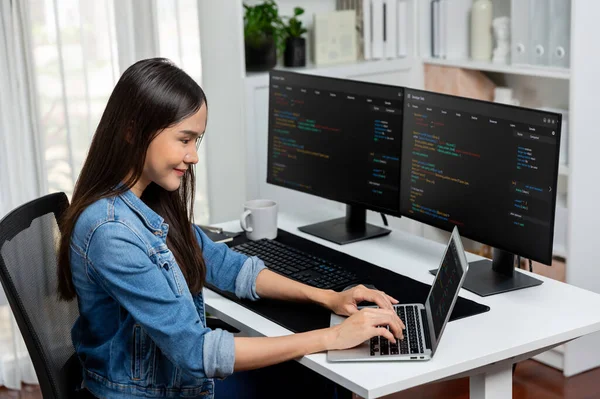 Smiling Young Asian Developer Creating Typing Online Information Laptop Coding — Stock Photo, Image