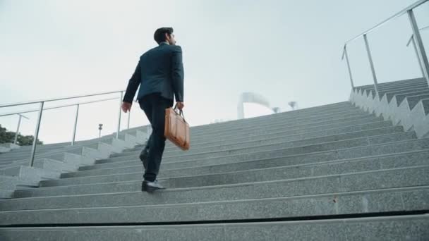 Top Pandangan Orang Bisnis Cerdas Berjalan Menaiki Tangga Dengan Tas — Stok Video
