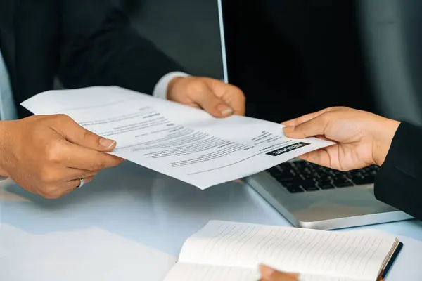 Close View Employee Candidate Hands Resume Document Interviewer Human Resources — Stock Photo, Image