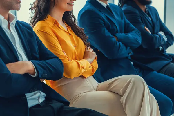 Diversity Candidates Siting While Waiting Job Interview Arm Crossed Side — Stock Photo, Image