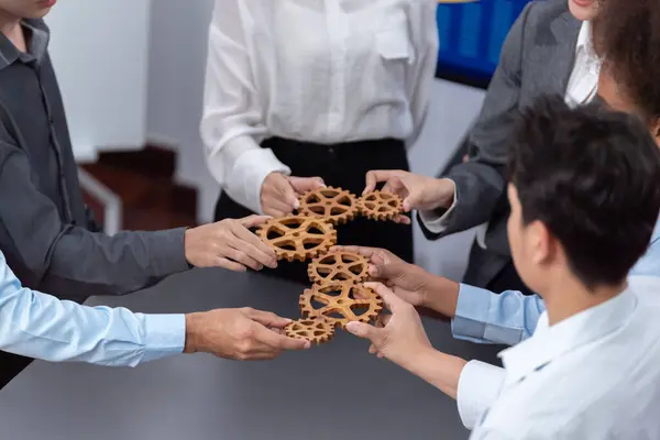 Office Worker Holding Cog Wheel Unity Teamwork Corporate Workplace Concept — Stock Photo, Image